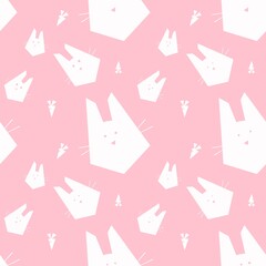 A white rabbit shaped like a plastic bag with a carrot wallpaper pattern illustration on a pastel pink background.