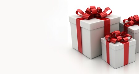 A Stack of Gifts Wrapped in Red Ribbon on a white background