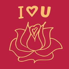 Saint Valentine's greeting card with flower in doodle style. I love you hand drawn lettering.