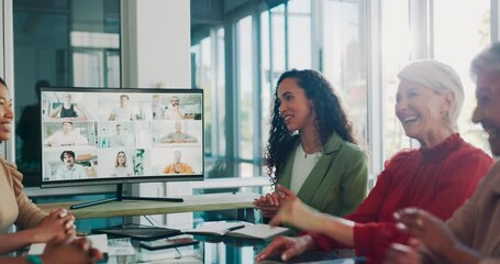 Team conversation, video call and online meeting with business people, screen and communication with discussion. Internet, webinar and meeting, teamwork and collaboration, corporate video conference - Powered by Adobe
