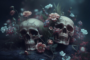 Skull on the ground, beautiful flowers growing around the skull With Generative AI