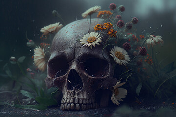Skull on the ground, beautiful flowers growing around the skull With Generative AI