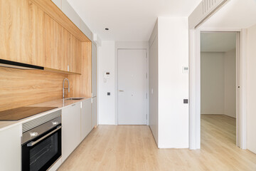Simple small modular kitchen area along the wall in studio apartment next to front door and doorway to an empty bedroom. Furniture minimalism with lots of cabinets.