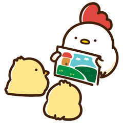 ひよこたちに紙芝居を読み聞かせるかわいいにわとりお母さん