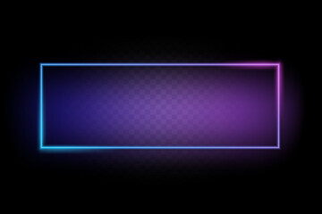 Neon color light rectangle frame. Retro fluorescent  border. Object on transparency gradient background vector. Neon line in graphic style.