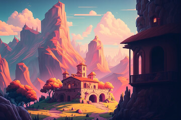 Fantasy landscape background illustration. Italian countryside landscape background. Italian villa with path on a mountains background on sunset. Background concept art for game design.