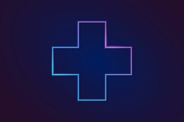 Neon color light plus symbol frame. Retro fluorescent  border. Object on gradient background vector. Neon line in graphic style.