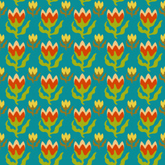 Fototapeta na wymiar Vector seamless pattern with bright yellow and orange flowers with leaves on aquamarine background.
