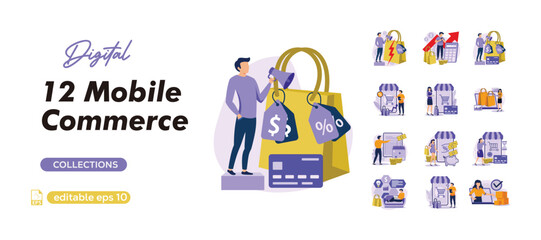 Mobile commerce concept set. Buyers make purchases in app, smart online shopping. People isolated scenes in flat design. business flat bundle illustration