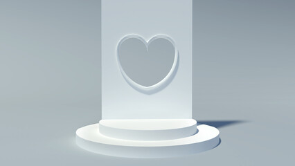 White heart podium 3D rendering in gray color background and minimal style for valentine's day, mother's day, father's day or love banner background.