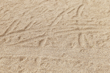Fototapeta na wymiar Tire tracks on the sand outdoor.