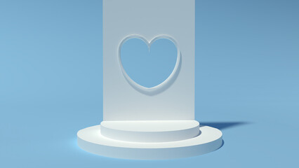 White heart podium 3D rendering in blue color background and minimal style for valentine's day, mother's day, father's day or love banner background.