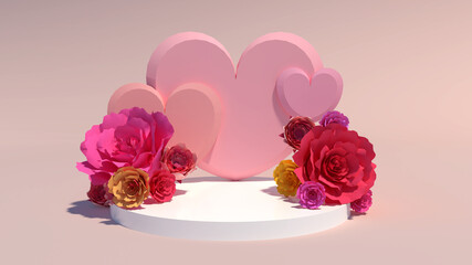 Pink heart podium or showcase 3D rendering with blooming roses in luxury style for valentine's day, mother's day, father's day and web banner background.