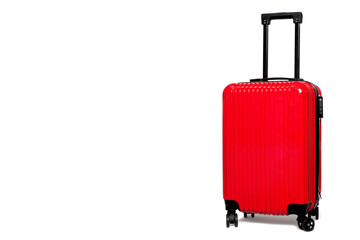 Red suitcase on white background, isolated.