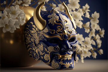 Devil mask made by blue ceramic with flowers