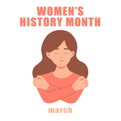 Womens history month banner template vector illustration. Feminism poster for march women history month with girl doodle.