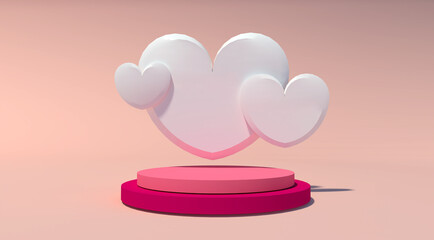 Cute white heart cloud podium 3D rendering in pastel color and minimal style for product podium, showcase, valentine's day background, mother's day background or father's day background etc.  