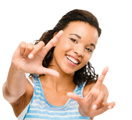 PNG of a young african woman framing her face isolated on a PNG background.