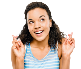 PNG of a young woman crossing her fingers in hope isolated on a PNG background.