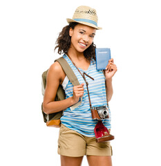 PNG of a young woman holding her passport ready to travel isolated on a PNG background.
