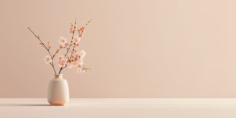 Sakura cherry blossom branch in ceramic vase on table. Beige wall background. Front view place for text, copy space, empty space. Generative AI