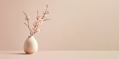 Obraz na płótnie Canvas Sakura cherry blossom branch in ceramic vase on table. Beige wall background. Front view place for text, copy space, empty space. Generative AI