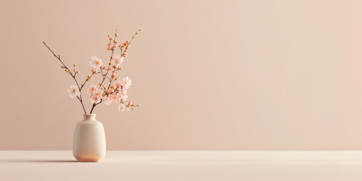 Sakura cherry blossom branch in ceramic vase on table. Beige wall background. Front view place for text, copy space, empty space. Generative AI