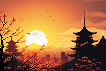 sunset in spring kyoto, vector illustration
