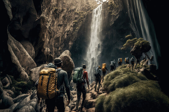 A group of hikers trekking through a - AI generated image