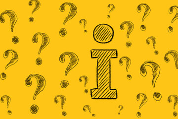 Letter I and question marks drawn on yellow background. Contact center, call center, service center, info center, information support, customer support. FAQ concept.