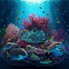 An underwater coral reef full of sea creatures and corals