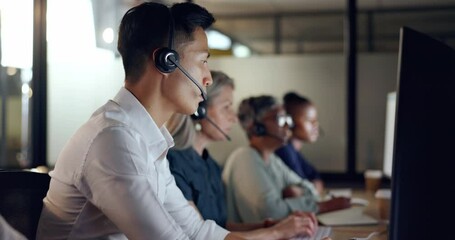 Call center worker, man and contact us, CRM and phone call with communication, computer and headset. Telemarketing, customer service or tech support, talk to client with diversity and Asian agent - Powered by Adobe