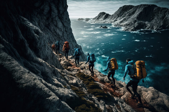 A group of hikers trekking through a cliff - AI generated image