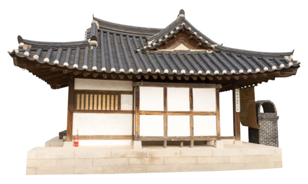 Isolated PNG cutout of a traditional and luxurious Korean house on a transparent background, ideal for photobashing, matte-painting, concept art
