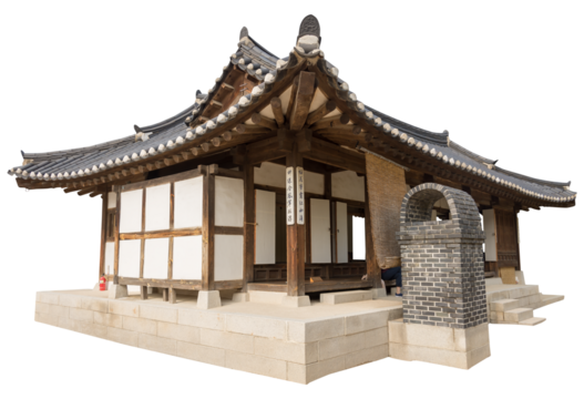 Isolated PNG cutout of a traditional and luxurious Korean house on a transparent background, ideal for photobashing, matte-painting, concept art