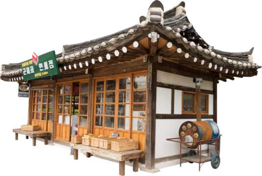 Isolated PNG cutout of a traditional Korean shop on a transparent background, ideal for photobashing, matte-painting, concept art