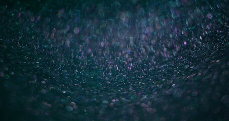 Bokeh light background. Blur circles texture. Underwater reflection. Defocused neon purple blue glowing dots flare on dark abstract poster with free space.