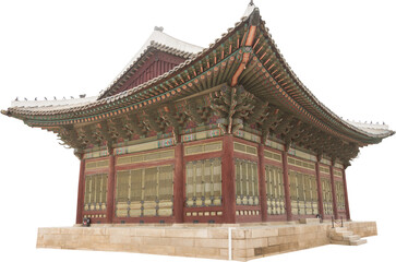 Isolated PNG cutout of a traditional and luxurious Korean house on a transparent background, ideal for photobashing, matte-painting, concept art