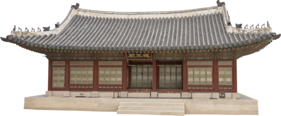 Isolated PNG cutout of a traditional and luxurious Korean house on a transparent background, ideal for photobashing, matte-painting, concept art