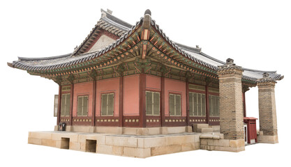 Isolated PNG cutout of a traditional and luxurious Korean house on a transparent background, ideal for photobashing, matte-painting, concept art