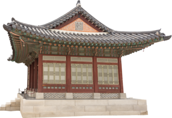 Isolated PNG cutout of a traditional and luxurious Korean house on a transparent background, ideal for photobashing, matte-painting, concept art