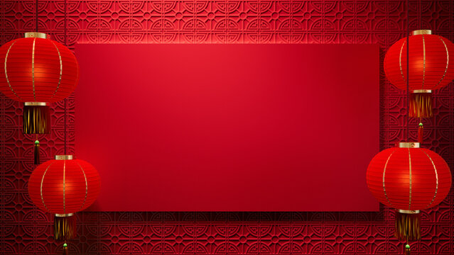 Chinese New Year Design Background, with Rectangle Frame and Lanterns on 3D Pattern. Red Eastern Template with copy-space.