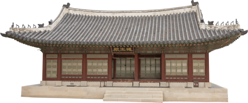 Isolated PNG cutout of a traditional and luxurious Korean house on a transparent background, ideal for photobashing, matte-painting, concept art