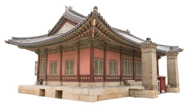 Isolated PNG cutout of a traditional and luxurious Korean house on a transparent background, ideal for photobashing, matte-painting, concept art