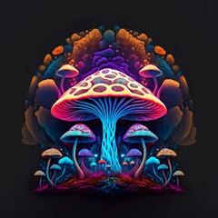 AI generated art: Psychedelic unreal dreamy looking mushroom forest landscape