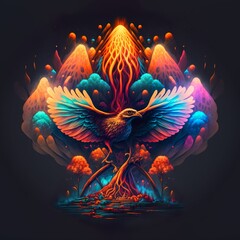 AI generated art: A phoenix flying over a psychedelic unreal dreamy looking mushroom forest landscape