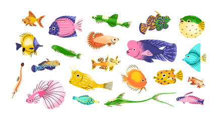 Obraz premium Cute sea fishes set. Marine underwater animals. Colorful tropical ocean creatures. Small under water exotic species. Decorative fauna. Colored flat vector illustrations isolated on white background