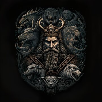 AI generated art: A powerful epic norse-inspired emblem of a Viking divine entity
