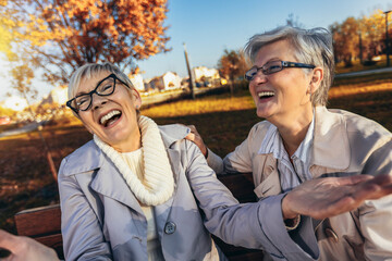 Two senior female friends sitting on the bench in the park