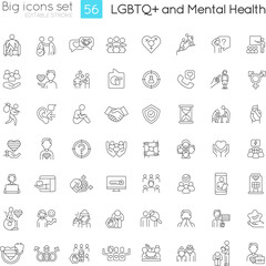 LGBTQ and mental health linear icons set. Inclusion and support programs. Freedom to be yourself. Customizable thin line symbols. Isolated vector outline illustrations. Editable stroke